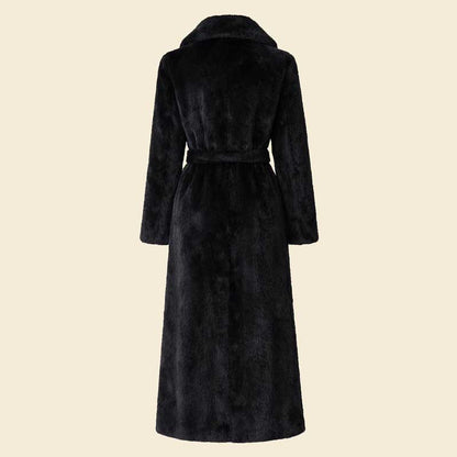 Black faux fur long coat with belt and shawl collar