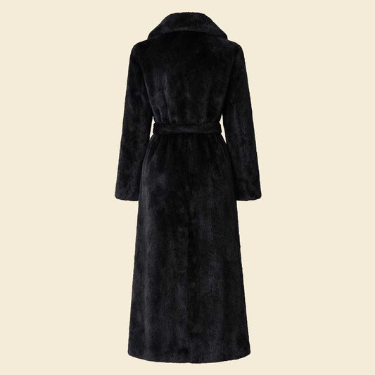 Black faux fur long coat with belt and shawl collar