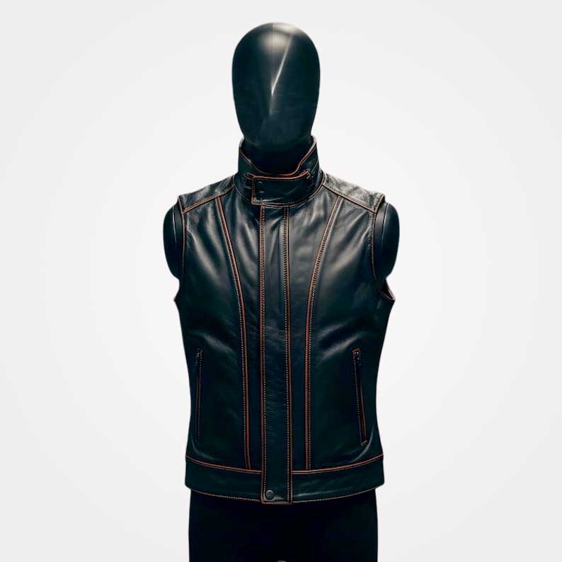 Black genuine leather armor vest with crimson stitching for men by Jackets Kingdom