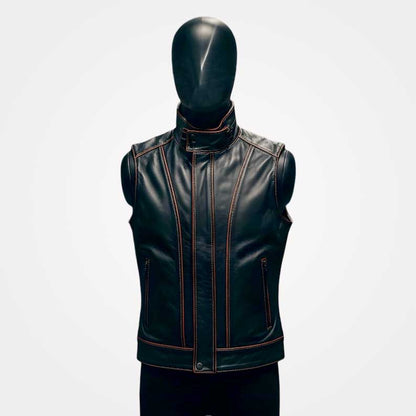 Black genuine leather armor vest with crimson stitching for men by Jackets Kingdom