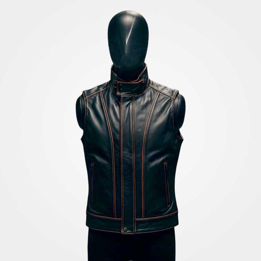 Black genuine leather armor vest with crimson stitching for men by Jackets Kingdom