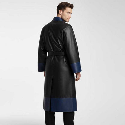 Black genuine leather coat with blue contrast panels and kimono design by Jackets Kingdom