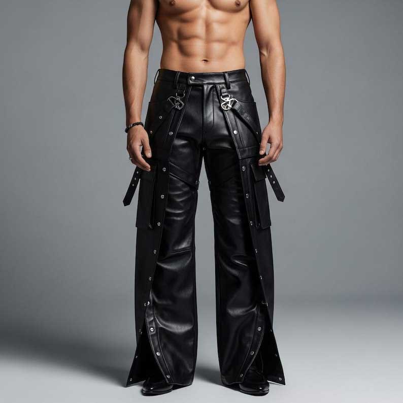 Black leather cargo pants with wide leg silhouette and adjustable strap details by Jackets Kingdom