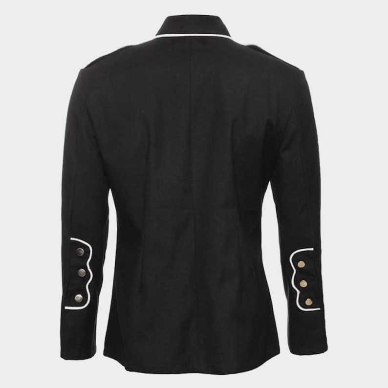 Black officer coat featuring white piping detail and tailored fit by Jackets Kingdom