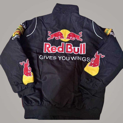 Black red embroidered motorsport jacket by Jackets Kingdom