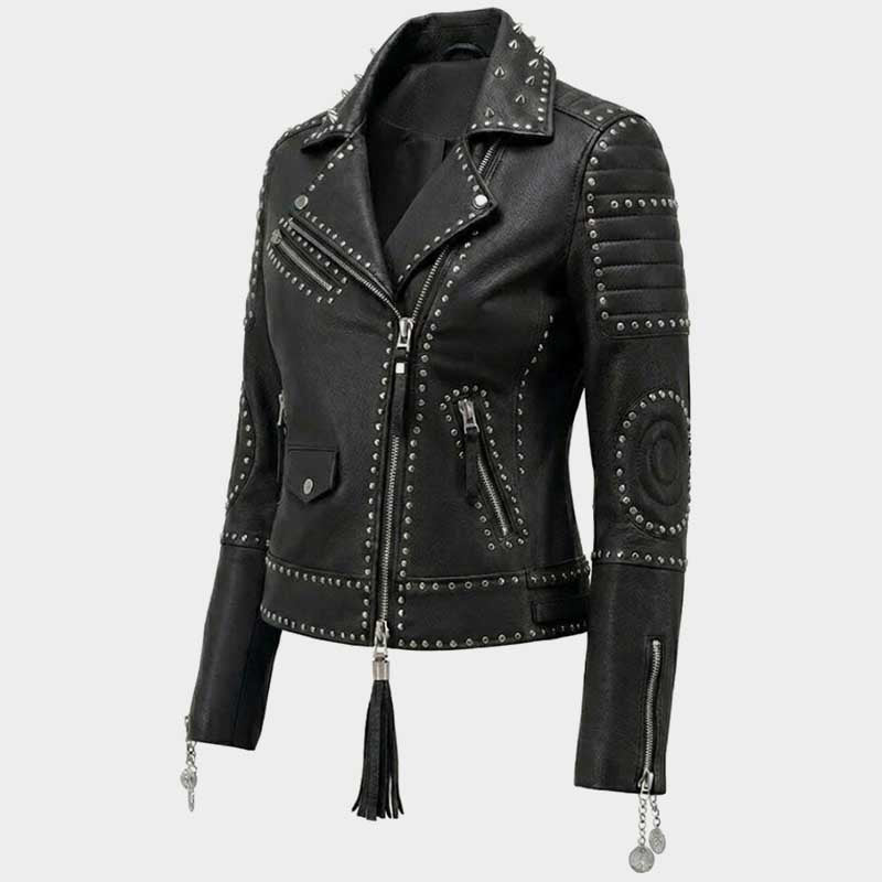 Black studded biker jacket for women with structured collar and zippered pockets