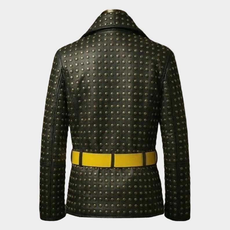 Black studded leather jacket men wearing tailored fit biker style by Jackets Kingdom