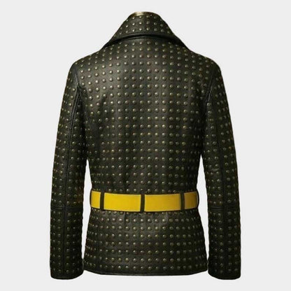 Black studded leather jacket men wearing tailored fit biker style by Jackets Kingdom