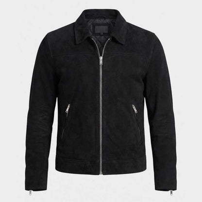 Black suede leather trucker jacket for men with silver zipper and shirt collar by Jackets Kingdom