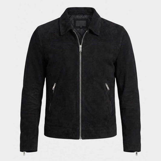 Black suede leather trucker jacket for men with silver zipper and shirt collar by Jackets Kingdom