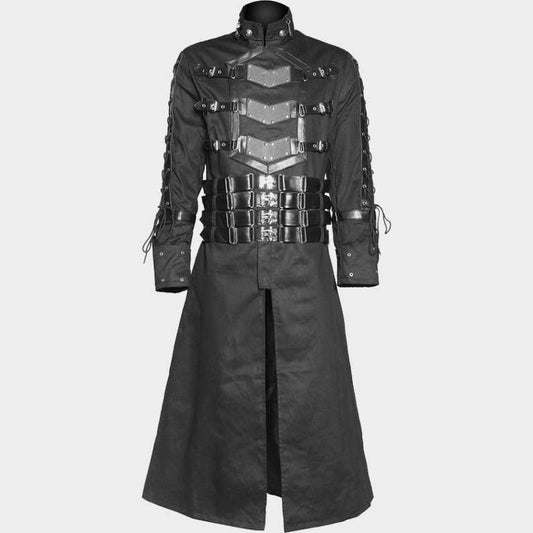 Black vampire trench coat featuring buckle straps and full length design by Jackets Kingdom