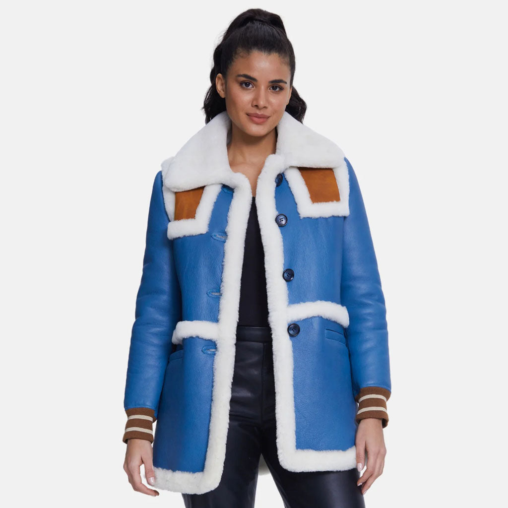 Women's Blue Shearling Jacket with White Fur
