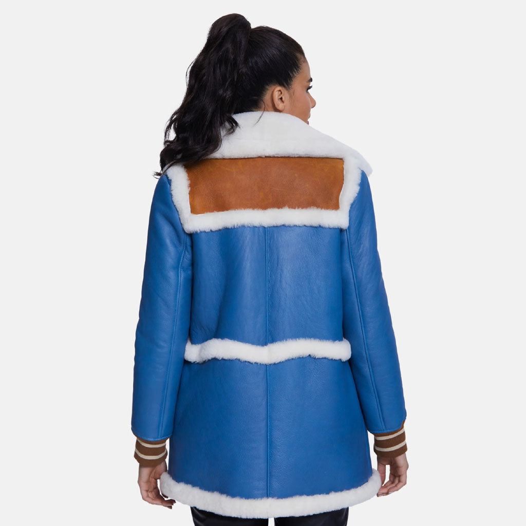 Women's Blue Shearling Jacket with White Fur