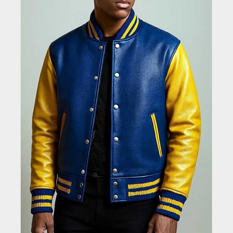 Blue and yellow leather varsity jacket with minimalist color block design and oversized fit