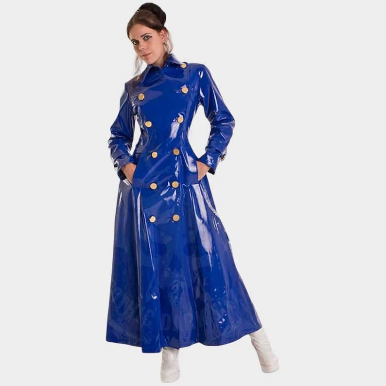 Blue vinyl trench coat for women featuring double breasted front by Jackets Kingdom