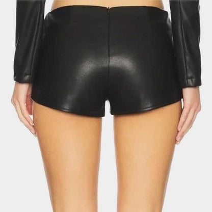 Bold black leather shorts with high waist design and metal eyelets for punk fashion by Jackets Kingdom