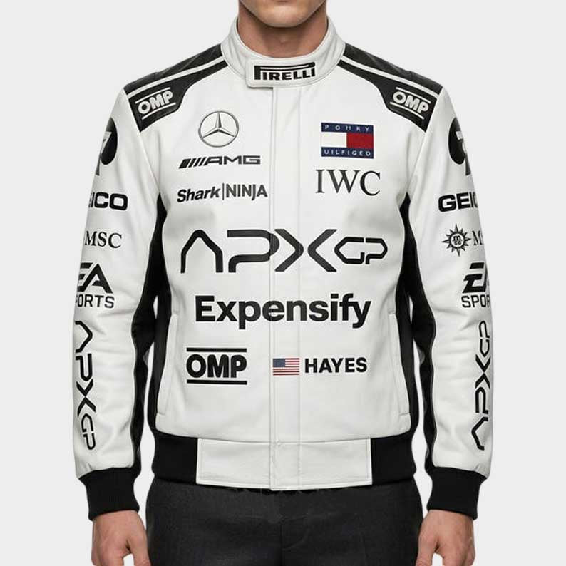 Brad Pitt F1 Movie Racing Jacket in white and black leather front view by Jackets Kingdom