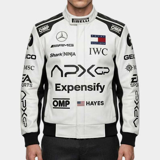 Brad Pitt F1 Movie Racing Jacket in white and black leather front view by Jackets Kingdom