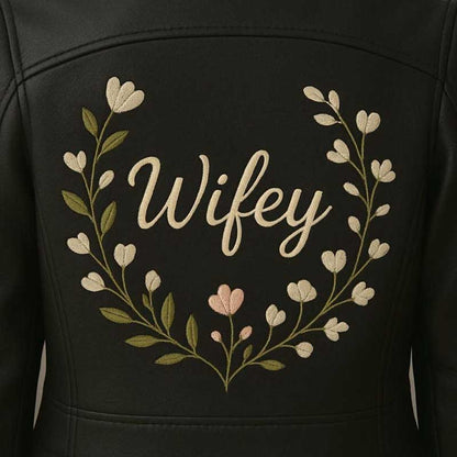 Bridal leather jacket featuring personalized text, custom font and thread color options