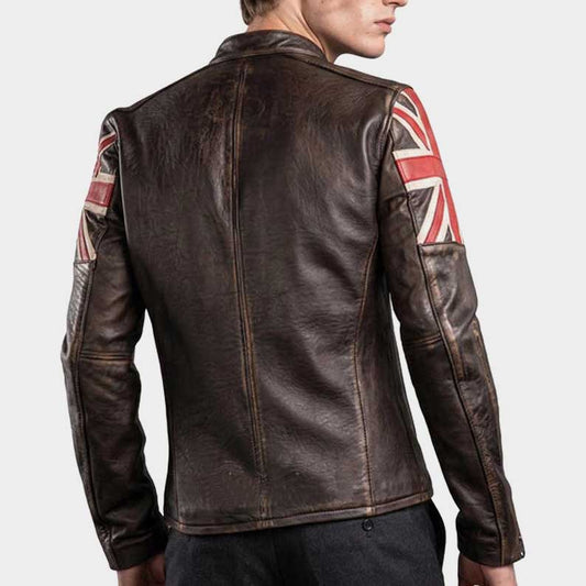 British flag motorcycle biker jacket with premium brown leather and vintage racer silhouette by Jackets Kingdom