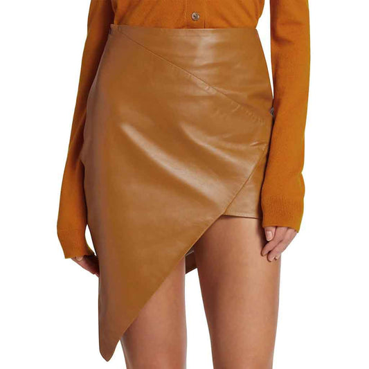 Brown Wrap Style Women Genuine Leather Skirt