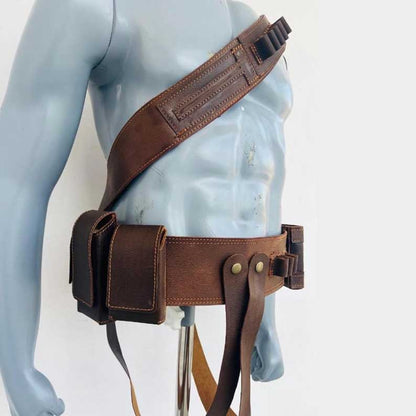 Brown Star Wars cosplay belt with Mandalorian inspired detailing and durable genuine leather material by Jackets Kingdom