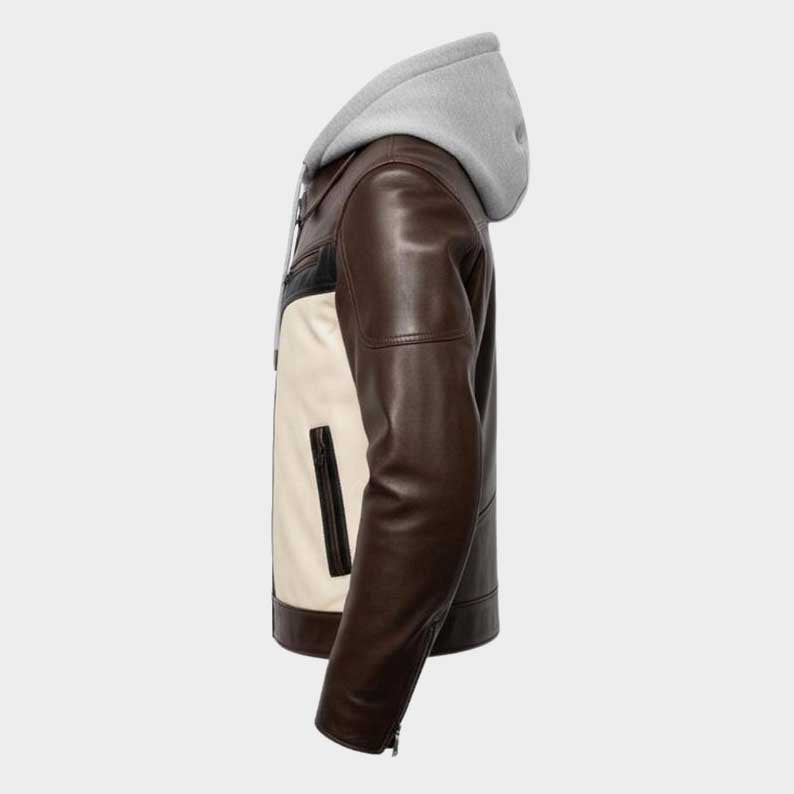 Brown and cream two tone leather jacket with black zipper details by Jackets Kingdom