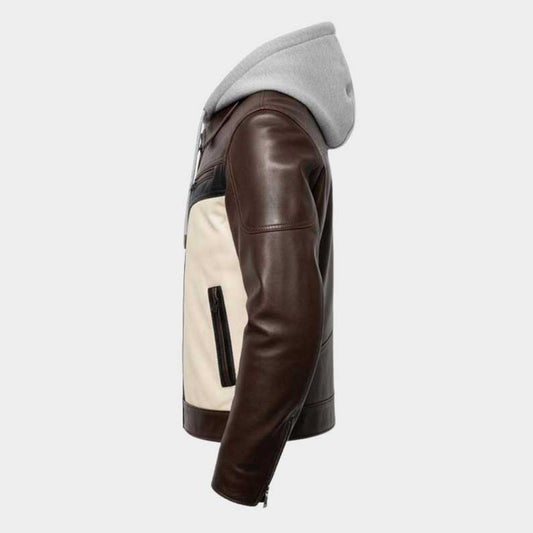 Brown and cream two tone leather jacket with black zipper details by Jackets Kingdom