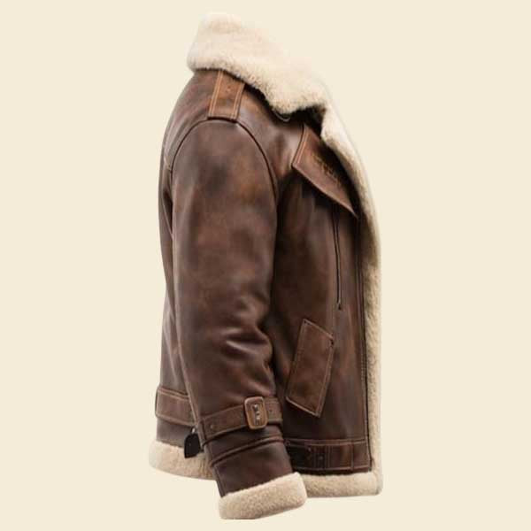 Brown leather flight jacket with shearling lining