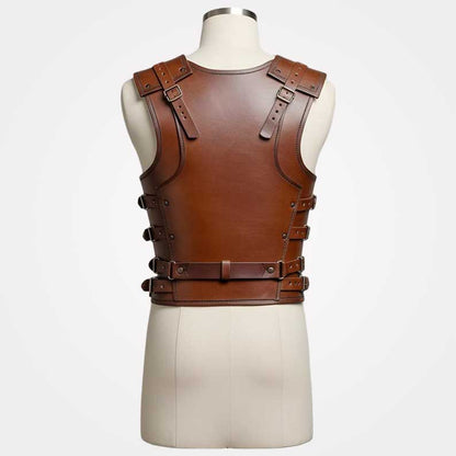Brown leather medieval chestplate with adjustable straps for Renaissance cosplay by Jackets Kingdom