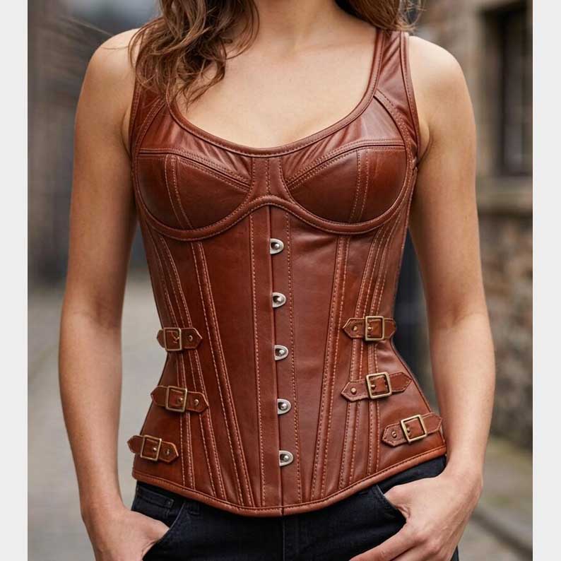 Brown leather steampunk corset top with adjustable brass buckles and busk closure by Jackets Kingdom