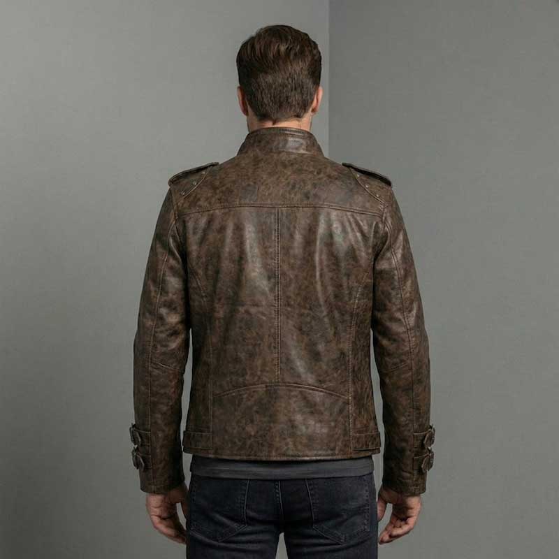 Brown steampunk leather jacket with soft inner lining and luxury streetwear detailing