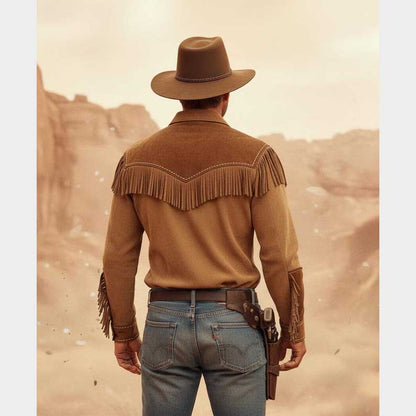 Brown suede leather fringe jacket back view with western detailing by Jackets Kingdom
