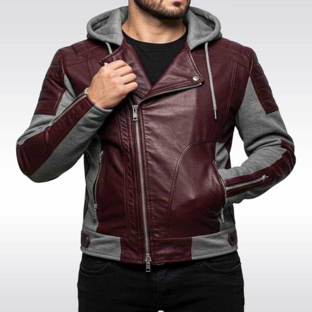 Burgundy Leather Hoodie Jacket for Men