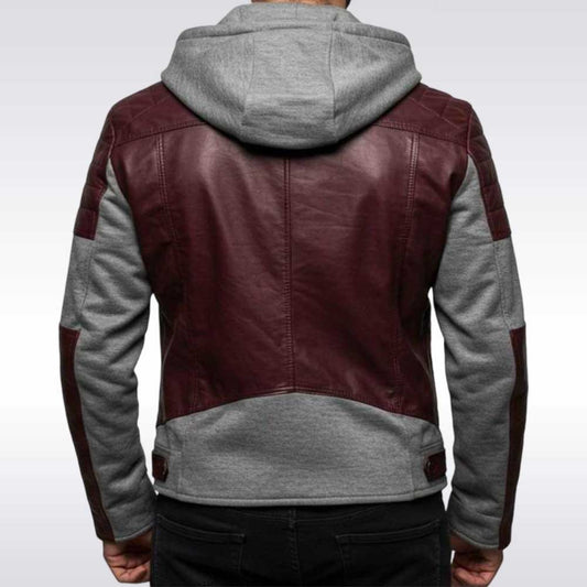 Burgundy Leather Hoodie Jacket for Men