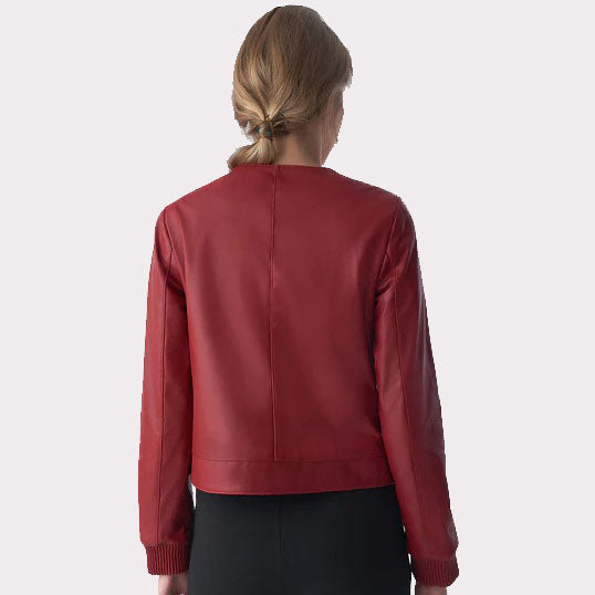 Burgundy Leather Jacket for Women - Chic Studs Closure