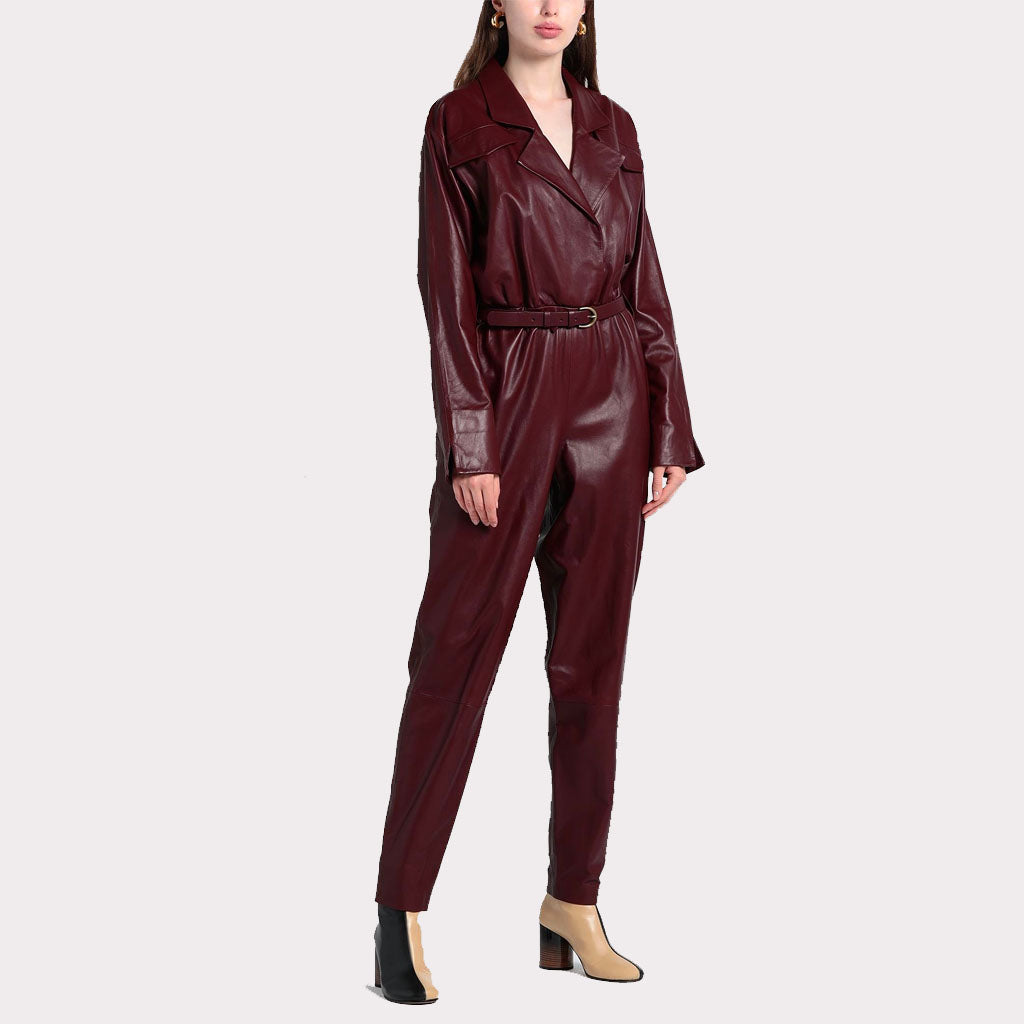 Burgundy Sleek Women's Leather Jumpsuit - Bold Fashion Choice