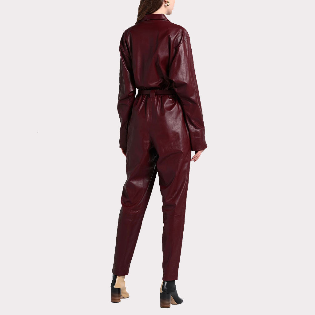 Burgundy Sleek Women's Leather Jumpsuit - Bold Fashion Choice