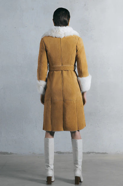 Buy Women's Tan Brown Suede Leather Shearling Coat