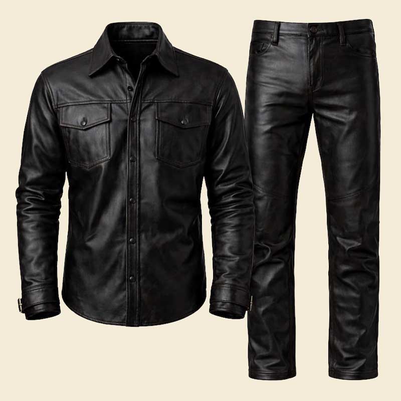 Buy mens lambskin leather shirt and pants set outfit