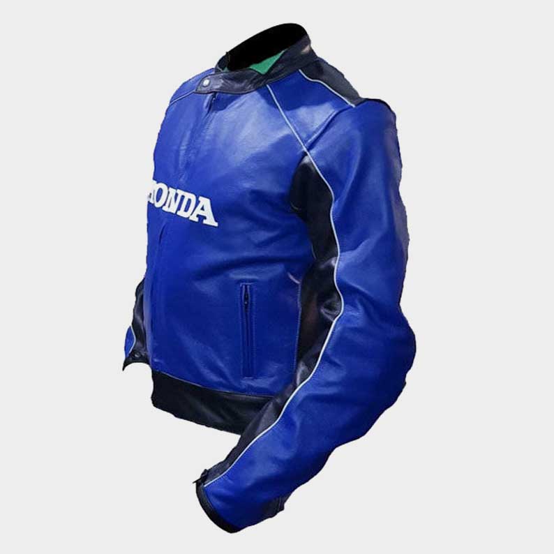 CE approved shoulder elbow and back protectors on Honda blue cowhide leather jacket by Jackets Kingdom