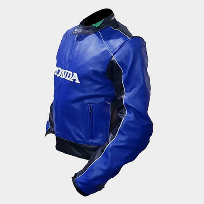 CE approved shoulder elbow and back protectors on Honda blue cowhide leather jacket by Jackets Kingdom