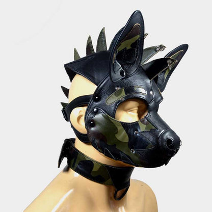 Camouflage leather pup mask featuring jagged muzzle design and metal hardware by Jackets Kingdom