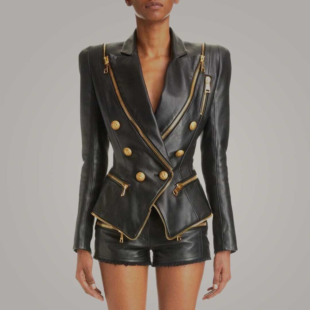 Celebrity Style Women's Black Lamb Leather Jacket with Gold Details