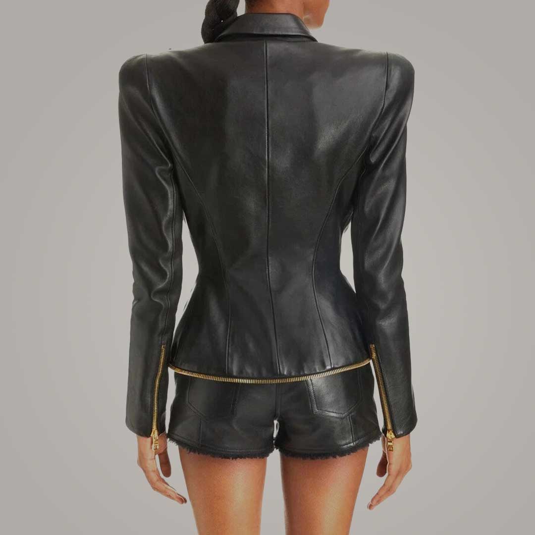 Celebrity Style Women's Black Lamb Leather Jacket with Gold Details