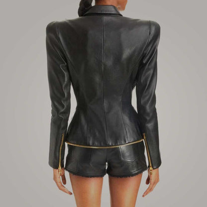 Celebrity Style Women's Black Lamb Leather Jacket with Gold Details