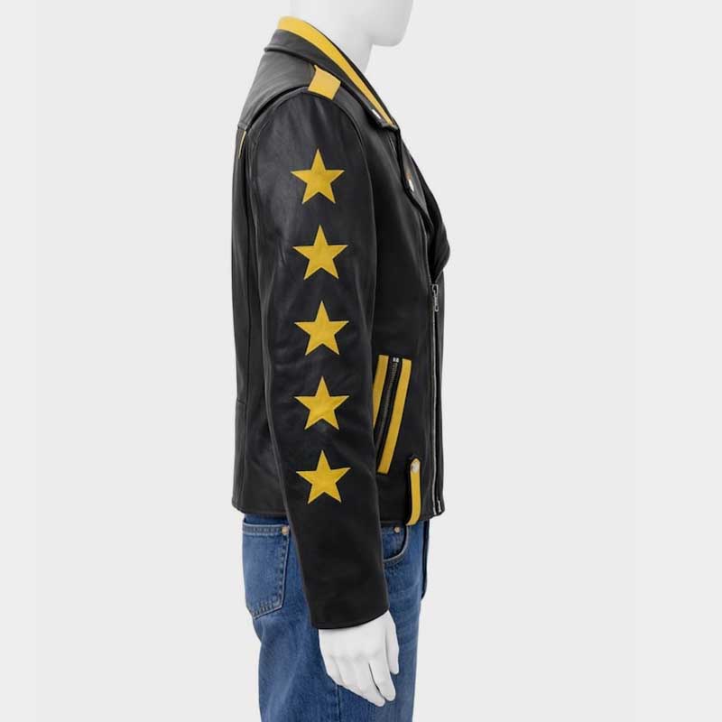 Celebrity inspired black leather jacket featuring lapel style collar and full length sleeves