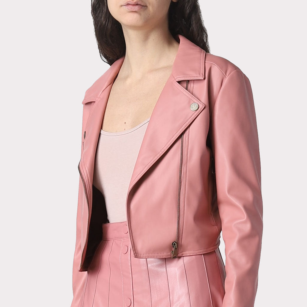 Chic Pink Minimalist Leather Jacket - Patel Collection