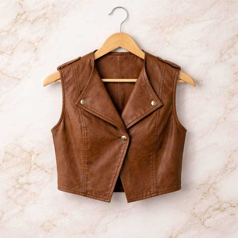 Chic streetwear brown leather cropped vest for women with flattering fit by Jackets Kingdom
