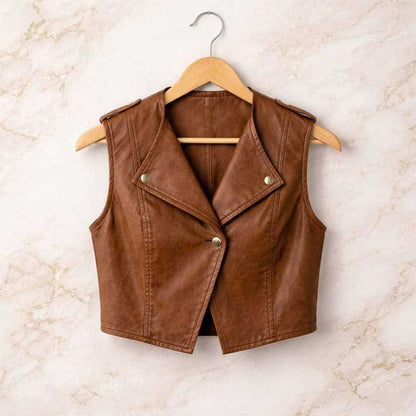 Chic streetwear brown leather cropped vest for women with flattering fit by Jackets Kingdom